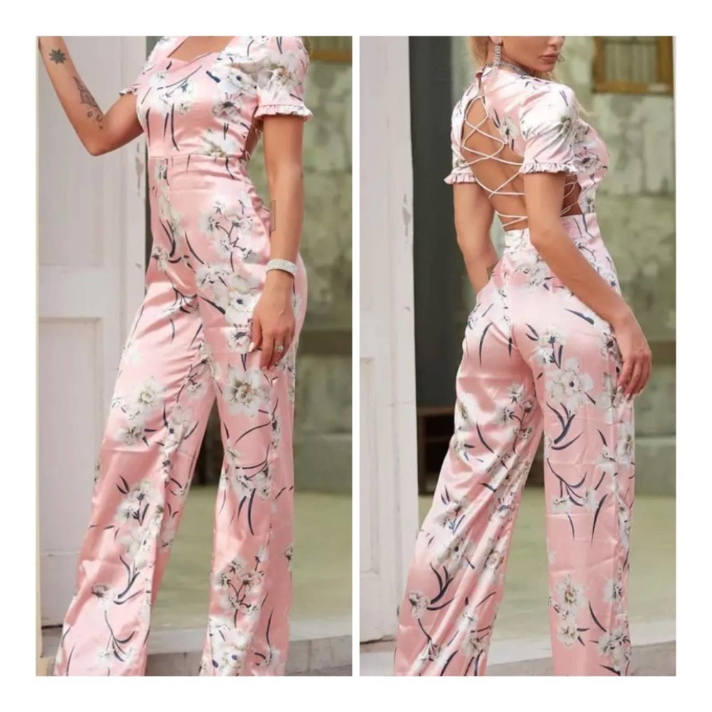 Pink Floral White Satin Jumpsuit - Picture 2 of 8